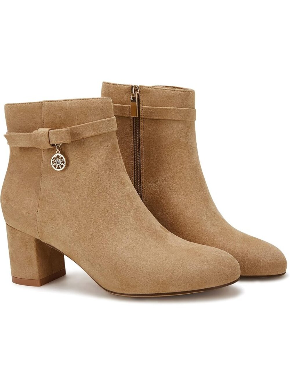 Women's Khaki Suede Chunky Block Low Heel Vintage Tie Knot Side Zip Ankle Bootie